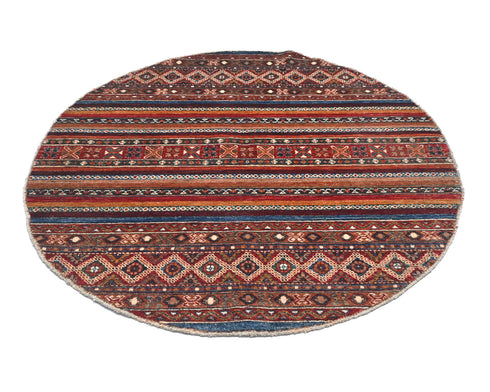 4x4 Multicolor Khurgeen Afghan Hand Knotted Round Wool Area Rug